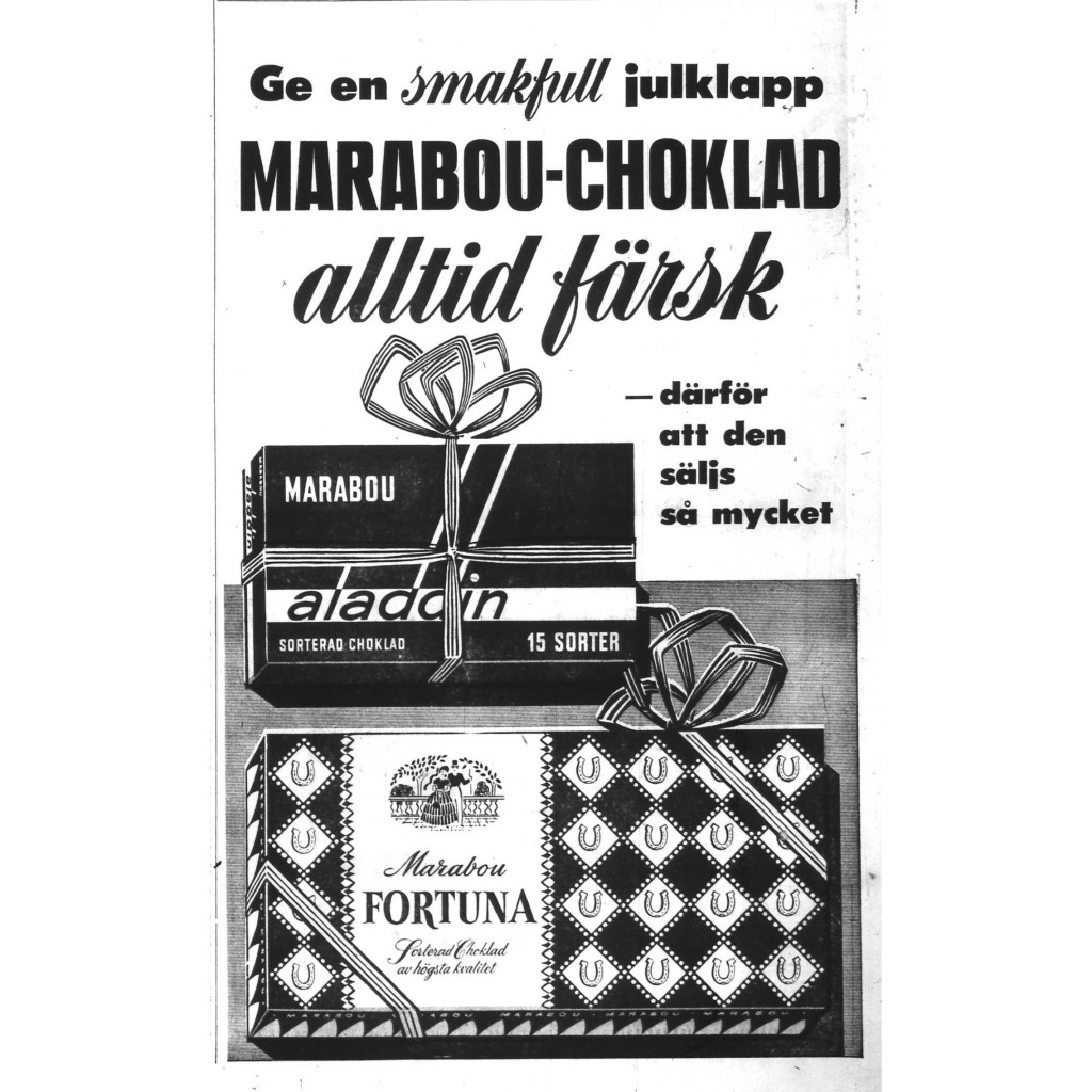 Annons för Marabous chokladaskar Aladdin och Fortuna 1957. Aladdin kom 1939 och Fortuna 1951.