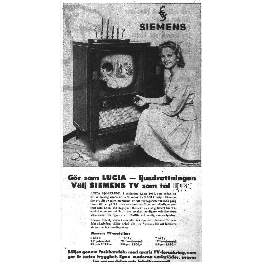 Stockholms Lucia Anita Björklund gör reklam för Siemens tv, december 1957.